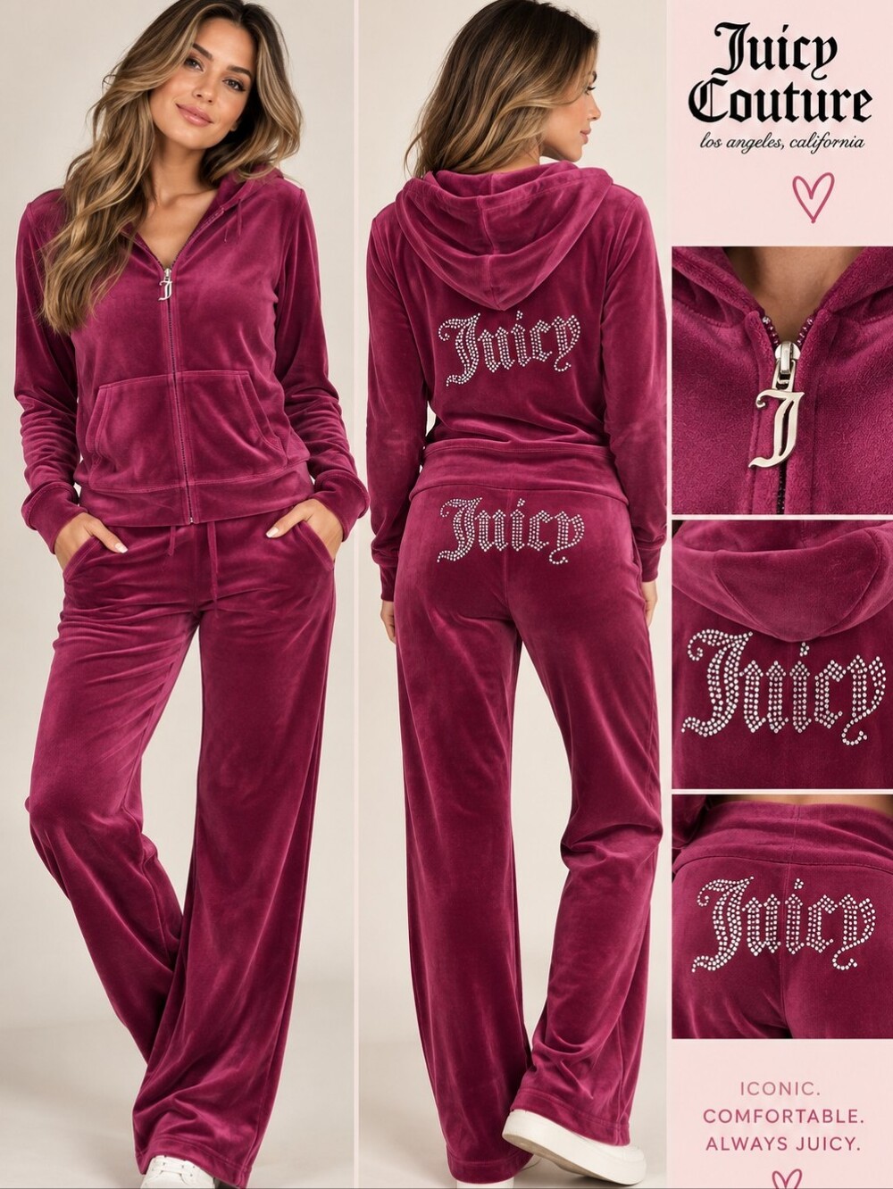 NWT Juicy Couture Velure Zip Hoodie & Pants Set - Berry XL